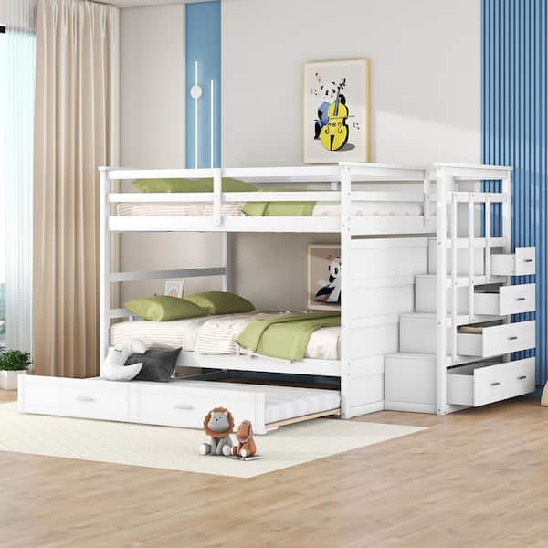 Polibi White Full Over Full Bunk Bed with Twin Size Trundle and Staircase