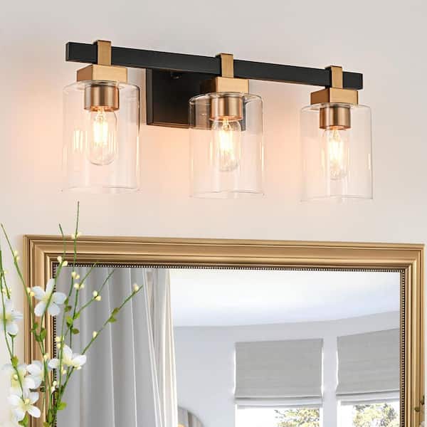 Liam 20.1 in. 3-Light Black and Gold Bathroom Vanity Light Over Mirror with Square Shade Morden Vanity Lighting Fixtures