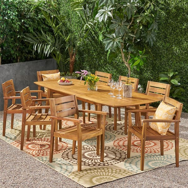 Stamford 30 in. Teak Brown 9-Piece Wood Rectangular Outdoor Patio Dining Set