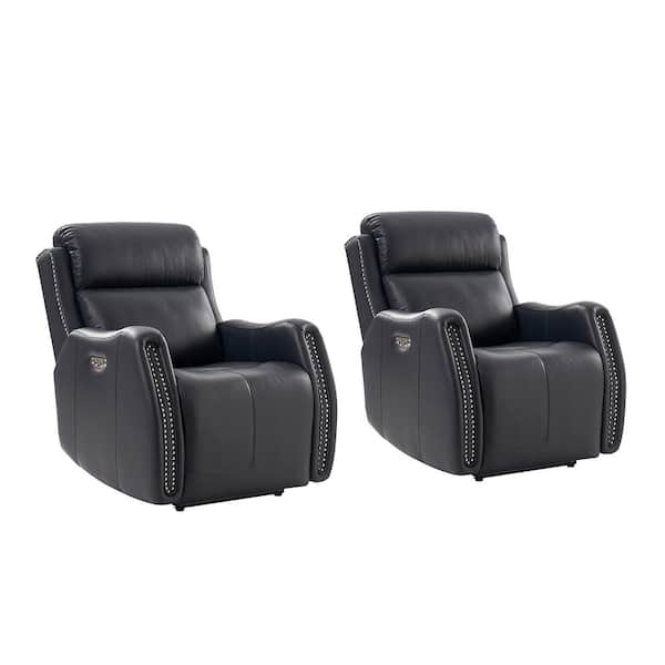 JAYDEN CREATION Roberto NAVY 33.07 in. W Nailhead Trims Genuine Leather Power Recliner with USB Charging Set of 2