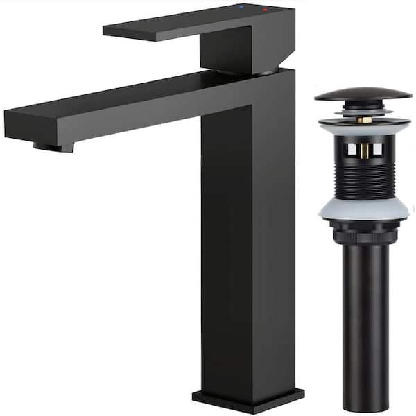 Vessel Sink Faucet Single Handle Bathroom Faucet with 15° Angled Spout with Pop-up Drain Kit in Matte Black