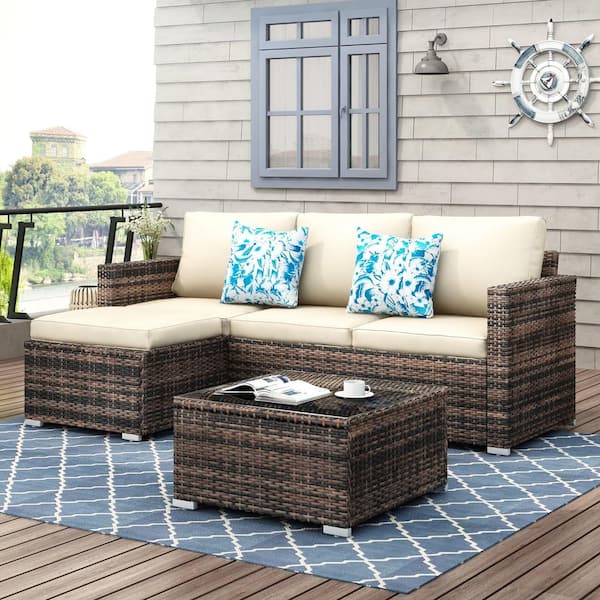3-Piece Patio Conversation Set Outdoor Furniture Rattan Sofa Set with Beige Cushions