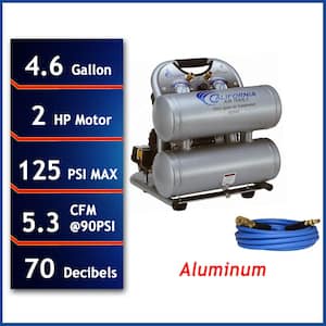 UltraQuiet OilFree 4.6Gal 2Hp 125 PSI Electric Aluminum Twin Air Compressor with 25ft Industrial Quick Connect Hose