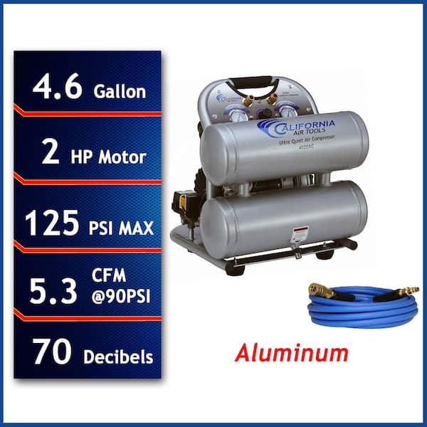 California Air Tools UltraQuiet OilFree 4.6Gal 2Hp 125 PSI Electric Aluminum Twin Air Compressor with 25ft Industrial Quick Connect Hose
