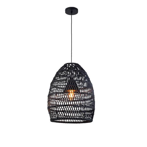 Veremund 20 in. 1-Light Black Dimmable Outdoor Wicker Rattan Coastal Pendant Light No Bulbs Included