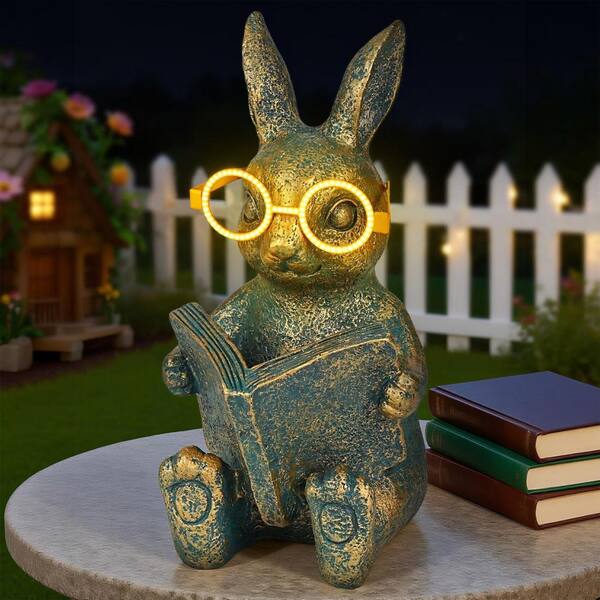 5 in. x 9 in. Bronze Resin Adorable Rabbit Garden Statue with