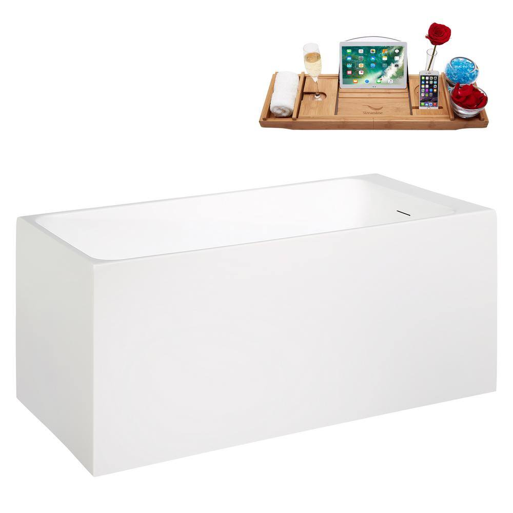 51" Glossy White Acrylic Freestanding Soaking Bathtub with Bamboo Tray