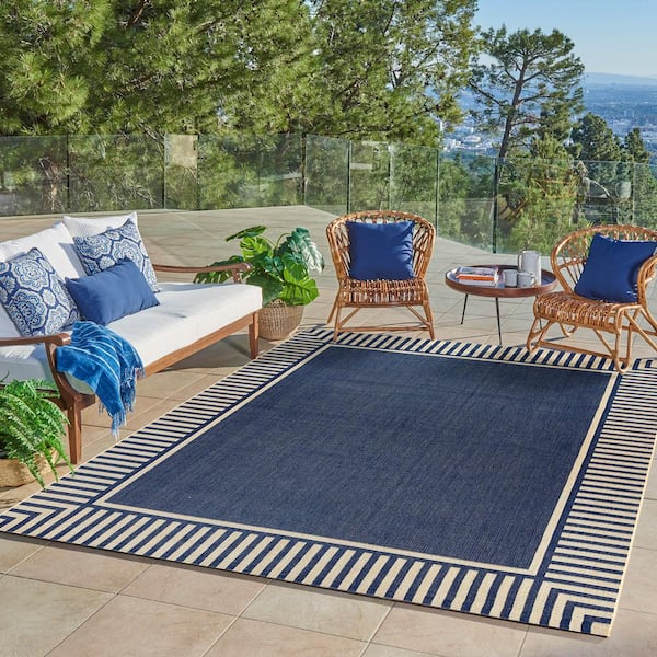 Paseo Kiano Navy/Sand 9 ft. x 13 ft. Striped Border Indoor/Outdoor Area Rug