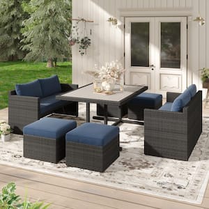 Martinka Dark Gray 7-Piece Wicker Outdoor Dining Set with Dark Blue Cushions