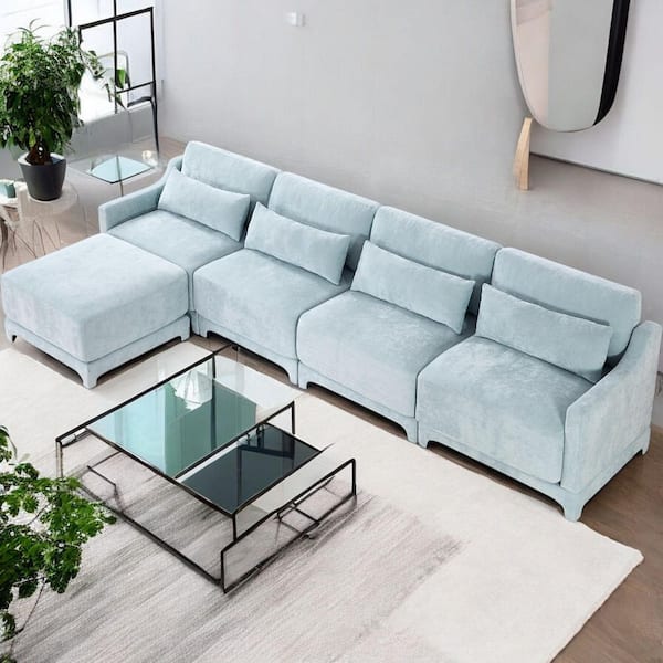 ZBXXRB 141.7 in. Straight Arm 5-Piece Chenille Modular Sectional Sofa with Comfort, 4-Seater, Ottoman in Powder Blue