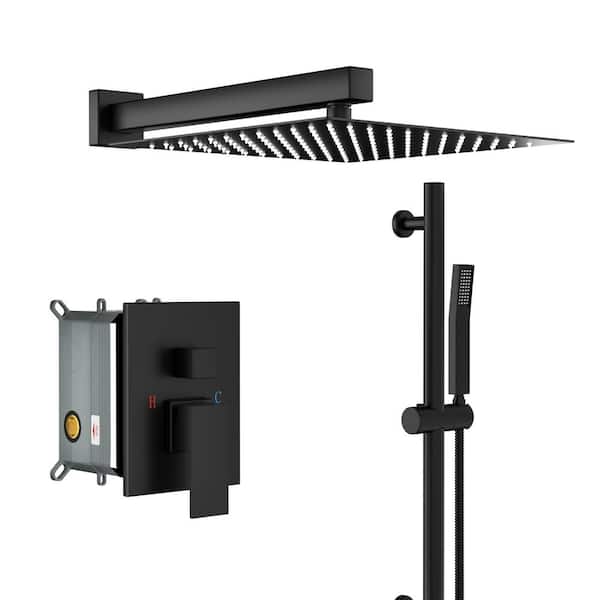 Fapully 2-Spray Square High Pressure Shower Faucet with 12 in. Shower Head, Wall Mount Slide Bar with Hand Shower in Matte Black