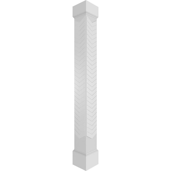 Ekena Millwork 9-5/8 in. x 8 ft. Premium Square Non-Tapered Chevron Modern Fretwork PVC Column Wrap Kit with Mission Capital and Base