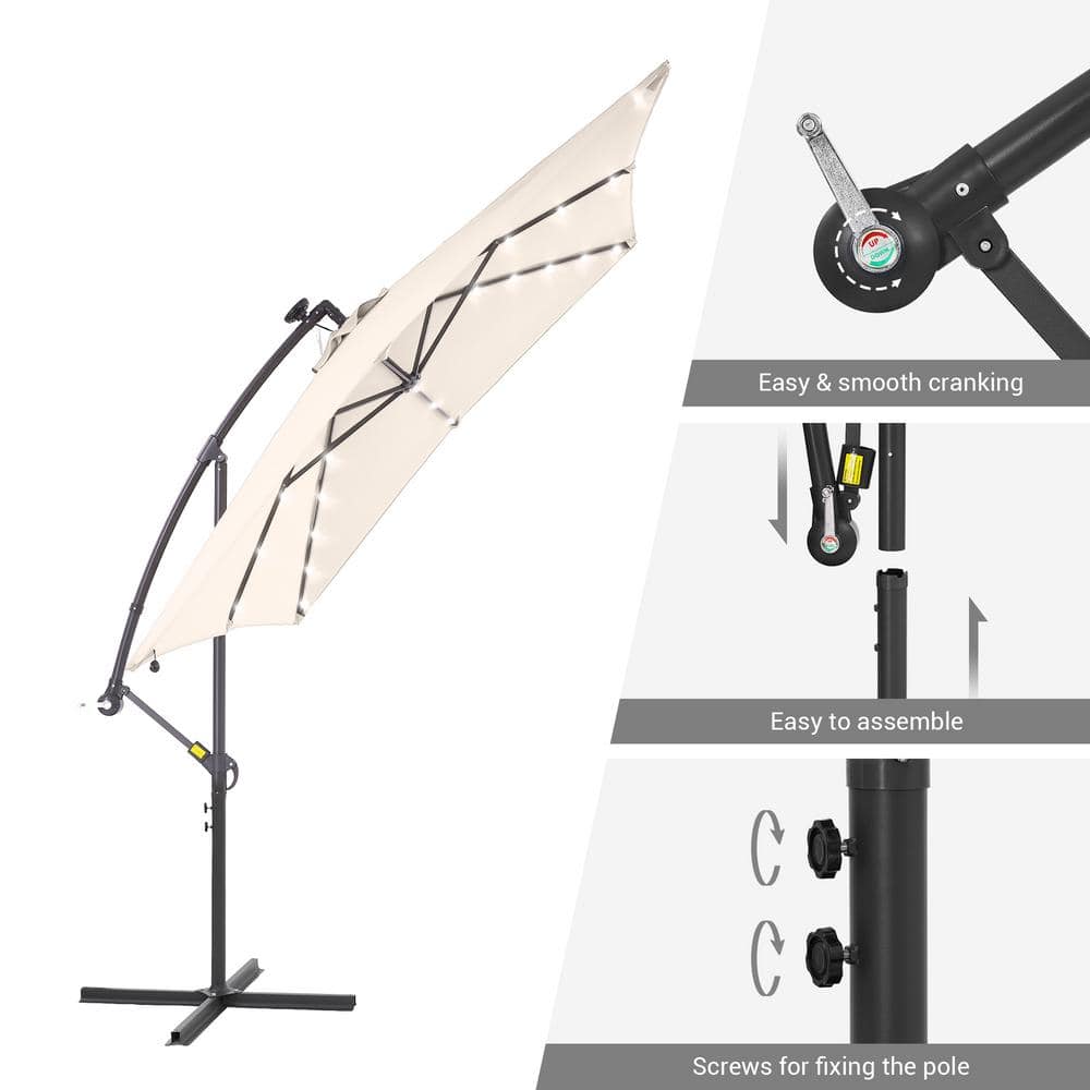 Beige Square Cantilever Umbrella with Charcoal Grey Steel Pole and LED Lights