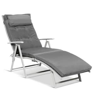 Metal Outdoor Folding Chaise Lounge with Gray Cushions