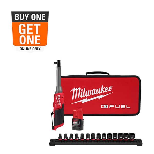 Milwaukee M12 FUEL 12V Lithium-Ion Brushless 3/8 in. Extended Reach High Speed Cordless Ratchet Kit & Metric Socket Set