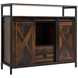 Industrial Rustic Brown Buffet Cabinet with Sliding Barn Doors, Stemware Racks and Drawer