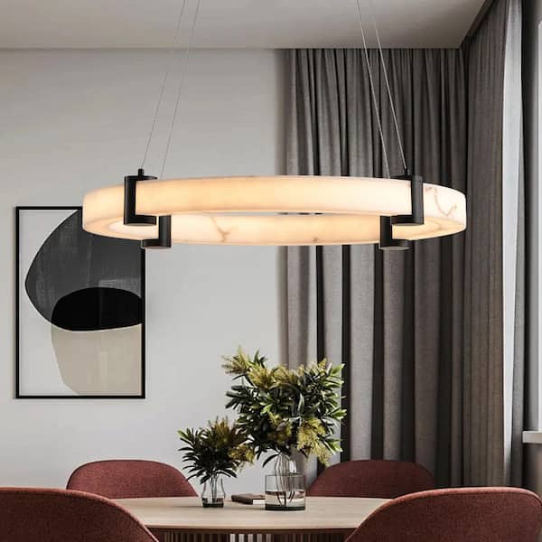 1-Light Black and White Integrated LED Pendant Light with Shade, Metal Bracket, Circular Light Source