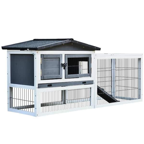 PawHut 2 Levels Wooden Grey Rabbit Hutch with Run Space, Removable Tray, Ramp and Waterproof Roof