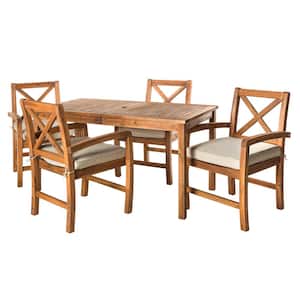 5-Piece Brown Outdoor Acacia Wood Patio Dining Set with White Cushion