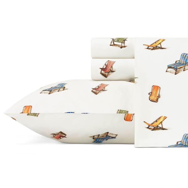 Beach Chairs 4-Piece White/Blue Cotton Percale California King Sheet Set