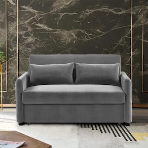 57.1 in. Wide Gray Flared Arm Velvet Straight Twin Size Sofa Bed with Pull Out Sleeper