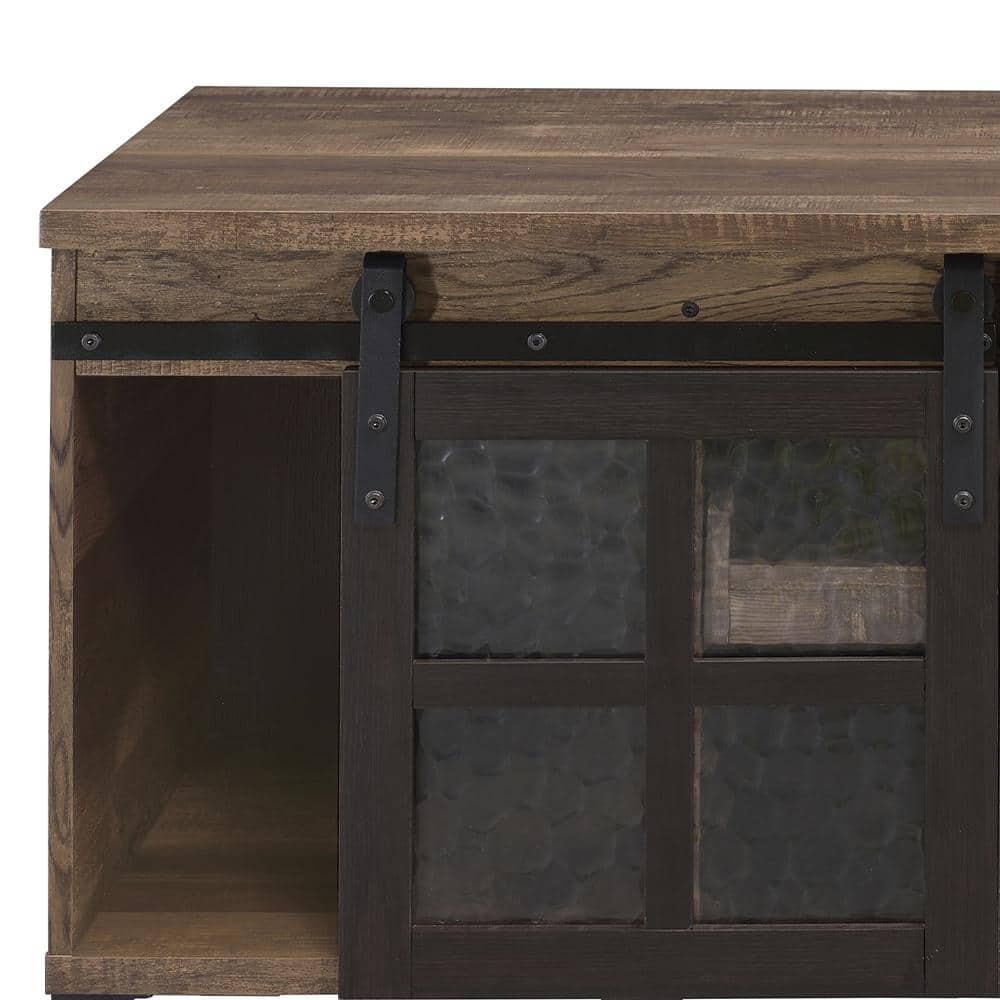 Rustic Oak and Black Rectangular Wood Glass Coffee Table with Storage