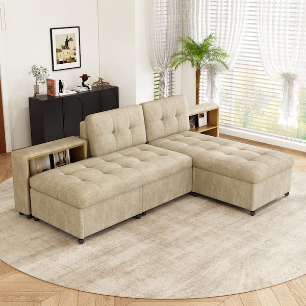 121.2 in. Armless 5-Piece Chenille Modular Sectional Sofa in. Brown with 2 Storage Racks, Free-Combined Sofa Bed
