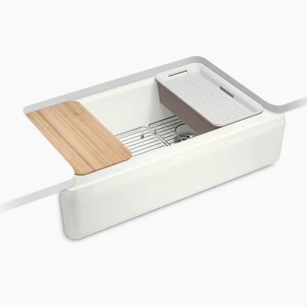 Riverby 35.6875 in. Farmhouse/Apron-Front Single Bowl Cast Iron Workstation Kitchen Sink in Dune