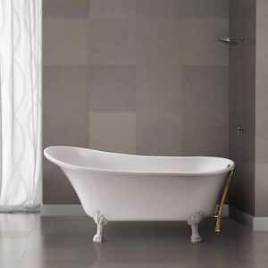 67 in. Acrylic Clawfoot Non-Whirlpool Bathtub in Glossy White with Polished Gold Drain and Glossy White Clawfeet