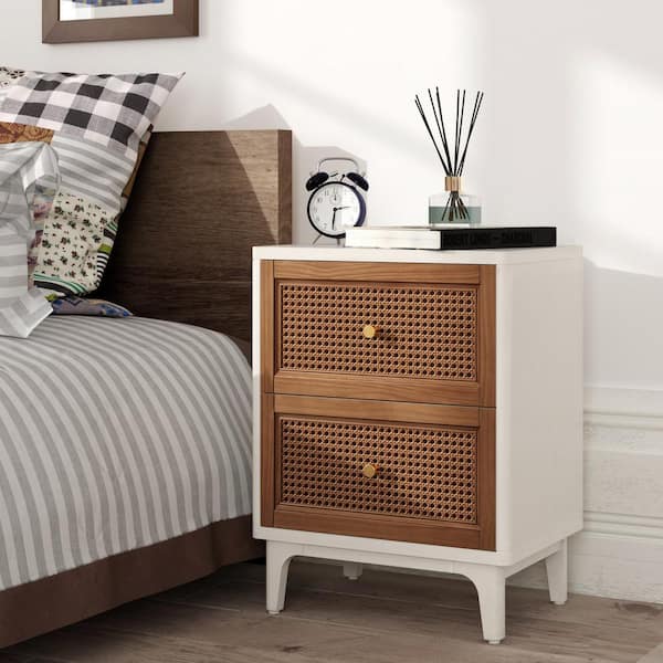 FUIN Hathorn Fully-Assembled 2-Drawer Accent Nightstand With Woven Cane Front, WhiteandBrown, 13 in. D x 18 in. W x 23.43 in.