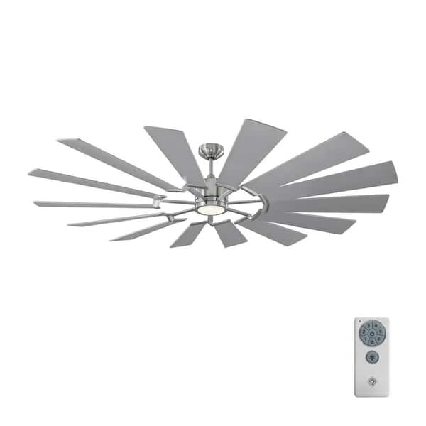 Generation Lighting Prairie 72 in. LED Indoor/Outdoor Brushed Steel Ceiling Fan with Dual Washed Oak or Silver Blades, Light Kit and Remote
