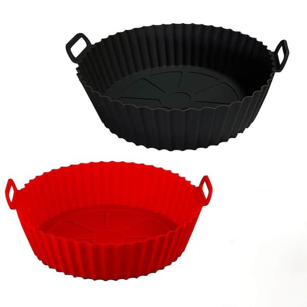 8 in. Silicone Air Fryer Liners with Raised Bottom Design for Even Heating, Reusable Red and Black 2-Pack