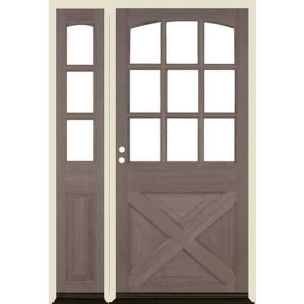 Krosswood Doors 50 in. x 80 in. Farmhouse X Panel RH 1/2 Lite Clear Glass Grey Stain Douglas Fir Prehung Front Door with LSL