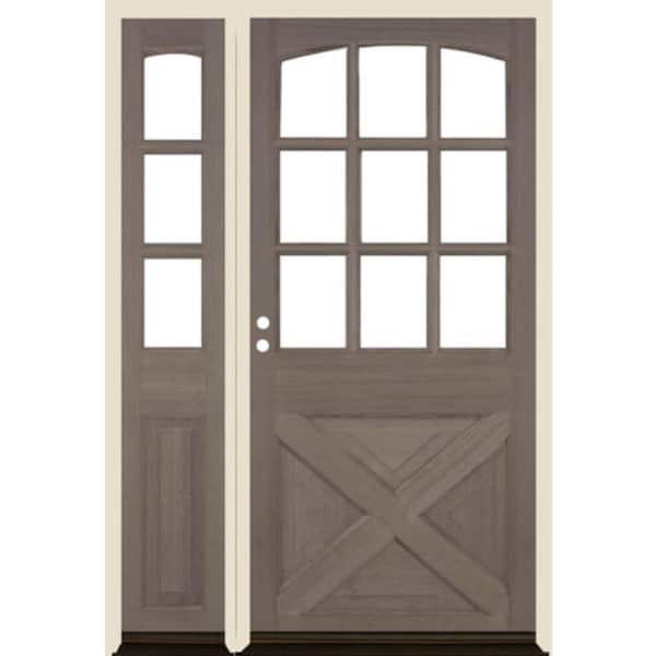 Krosswood Doors 50 in. x 80 in. Farmhouse X Panel RH 1/2 Lite Clear Glass Grey Stain Hemlock Prehung Front Door with LSL