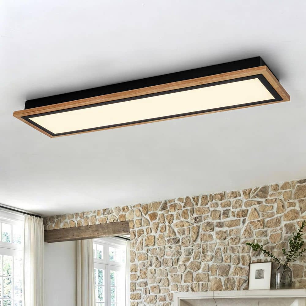 LLHZSY 31.5 in. 1-Light Rectangle Black and Wood Integrated LED Flush ...