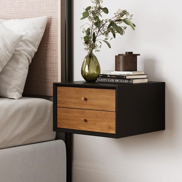 Nathan James Harper 16 in. W Black and Oak Brown Mid-Century Modern Floating Wall Mounted Nightstand End Table with Drawers
