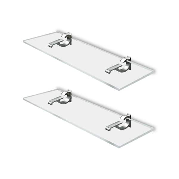 Fab Glass and Mirror 6 in. W x 0.75 in. H x 16.5 in. D Wall Mount Clear Acrylic Rectangular Shelf in Brushed Nickel Brackets (Pack of 2)