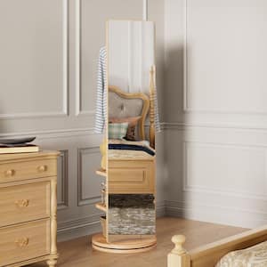 Light Brown Wood 16 in. W x 69 in. H Wood Rotating Multifunctional Full Length Mirror with Hook Storage Rack, Coat Rack