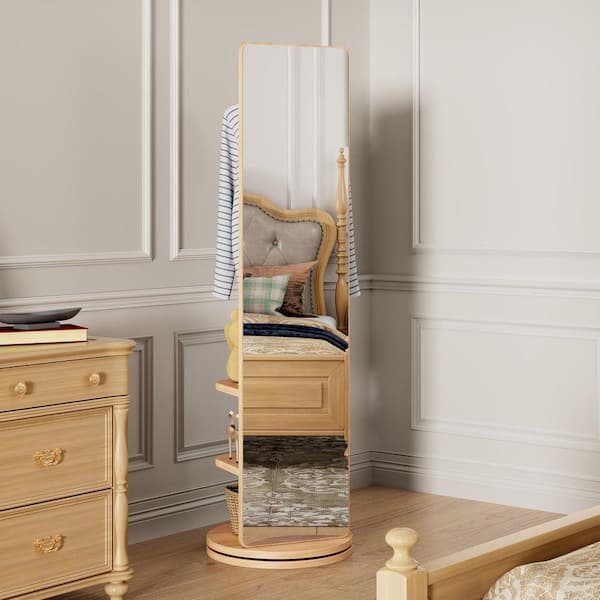 Light Brown Wood 16 in. W x 69 in. H Wood Rotating Multifunctional Full Length Mirror with Hook Storage Rack, Coat Rack
