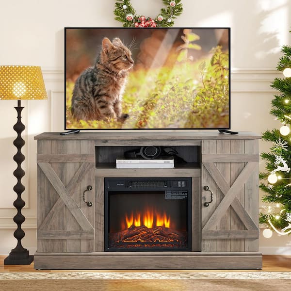 47in. Freestanding Farmhouse Classic TV Stand Antique Entertainment w/18in. Electric Fireplace Insert, TV upto 50in.Gray