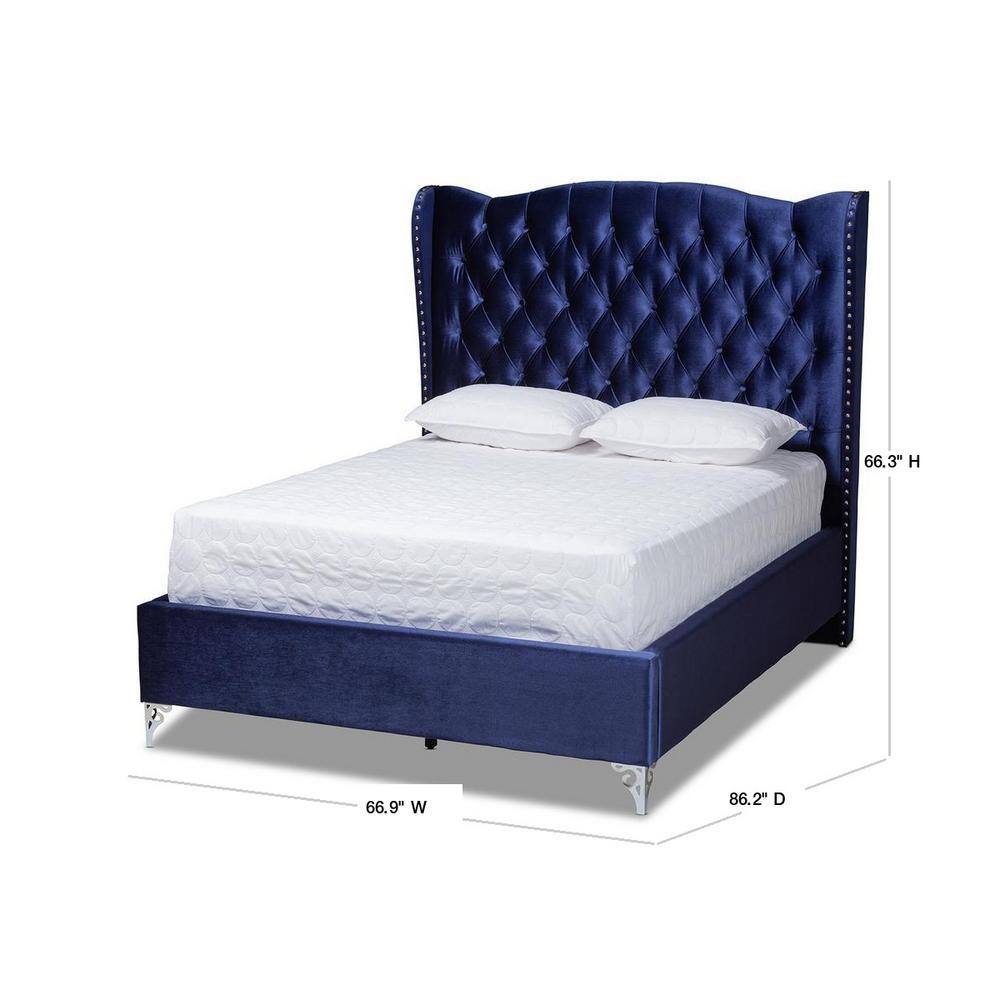 Luxurious Navy Blue Velvet Queen Bed with Tufted Wingback Headboard