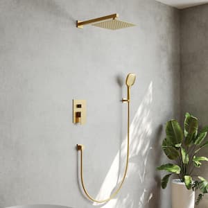 3-Spray Patterns with 10 in. Wall Mount Dual Shower Heads with Handheld in Brushed Gold (Valve Included)