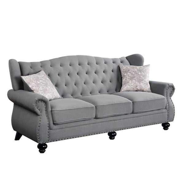Benjara Gray Rolled Armrests Fabric Upholstery Modern Style Sofa with Tufted Back