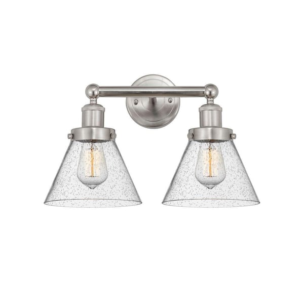 Cone 15.5 in. 2-Light Brushed Satin Nickel Vanity Light with Glass Shade