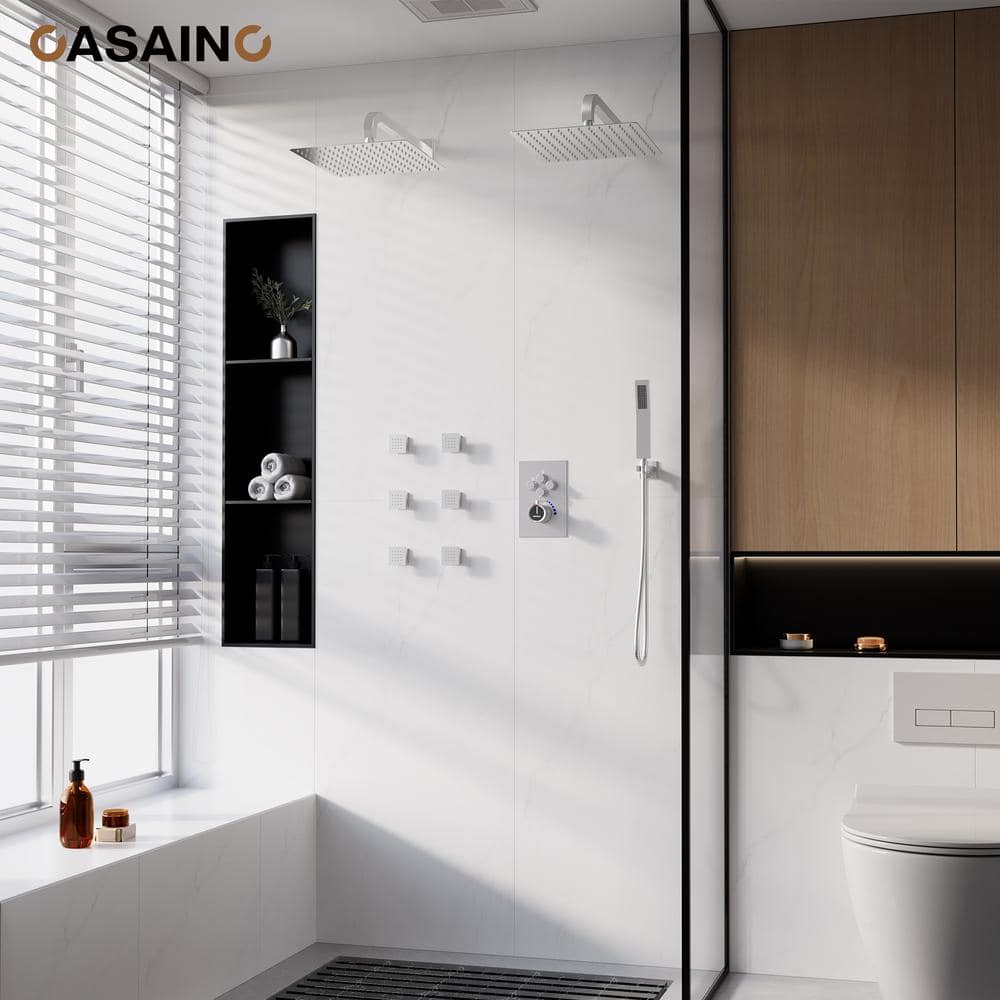 Chrome Dual Head Thermostatic Rainfall Shower System with Jets