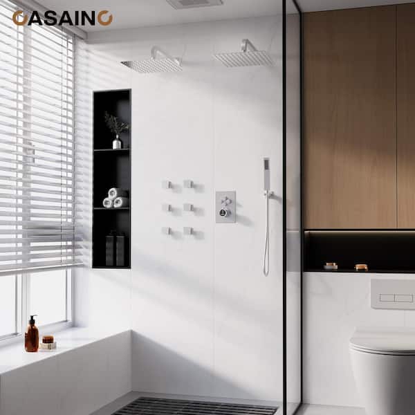 Single Handle 1-Spray Thermostatic 4-function Shower Faucet Dual Showerhead 1.8 GPM with Body Spray in. Chrome