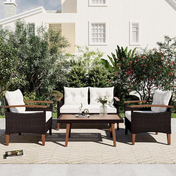 Runesay Modern 4-Piece PE Rattan Wicker Wicker Patio Conversation Set with Beige Cushions, Wood Table and Legs