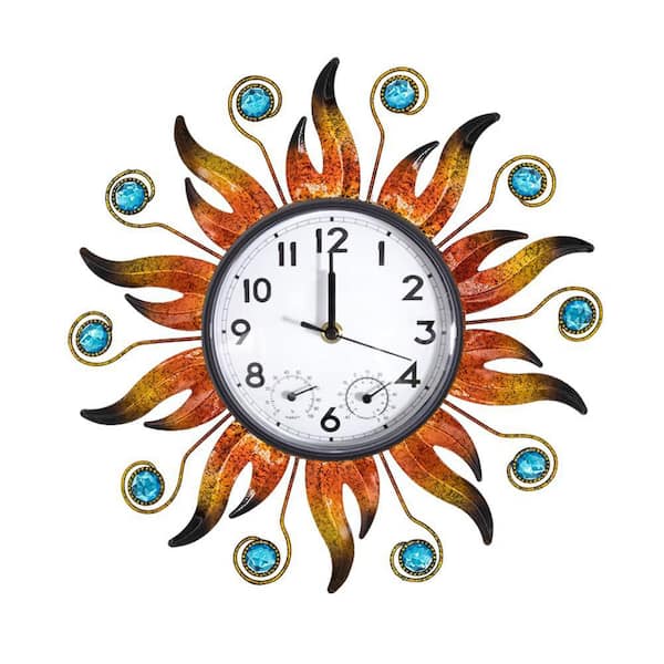13 in. Sun Outdoor Clock with Thermometer and Hygrometer Combo, Silent No-Ticking Outdoor Wall Clock