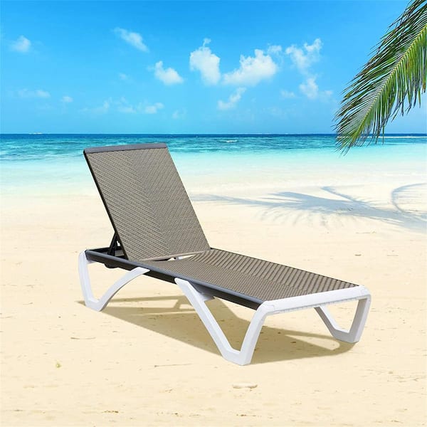 Cesicia Adjustable White Frame 1-Piece Metal Outdoor Chaise Lounge in Brown with Wicker Seat