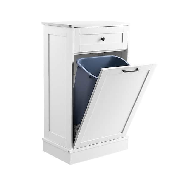 SKYSHALO Tilt Out Trash Bin Cabinet, White Wood Kitchen Cart with 10 ...